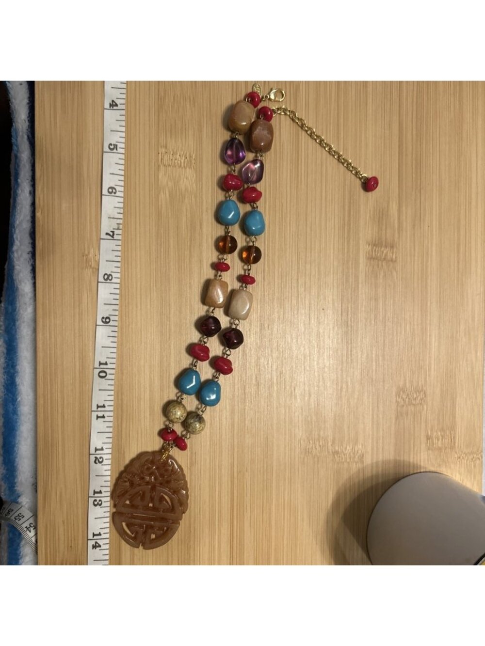 Stunning Vintage Joan River's Agate and Glass Necklace w/Prosperity Symbol 18"